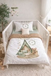 Lenjerie patut bebe 3 piese bumbac 100% set patut copii cu husa pilota, cearsaf, fata perna cort ursulet