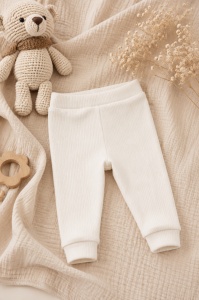Pantaloni bebe crem striati din bumbac cu buzunare si nasturi decorativi - Img 2