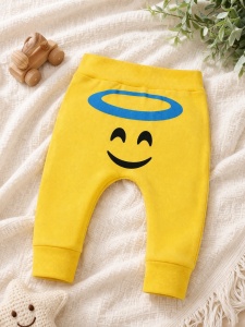 Pantaloni bebe galbeni bumbac imprimeu emoji ingeras confortabili