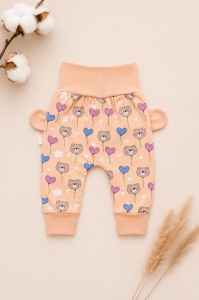 Pantaloni bebe piersica din bumbac cu ursuleti, inimioare si urechi decorative