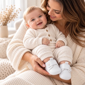 Pantofiori bebe albi din piele ecologica cu arici si inimioara brodata - Img 2