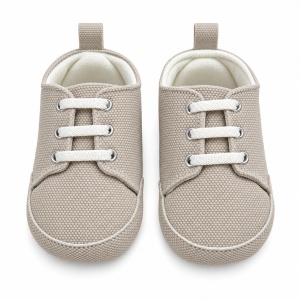 Pantofiori bebe bej din material textil cu sireturi si talpa moale - Img 6