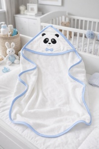 Prosop bebe cu gluga panda albastru, prosop baie nou nascut bumbac moale absorbant