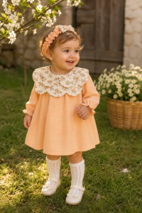 Rochie bebe fetita din muselina piersica cu bentita si guler floral eleganta