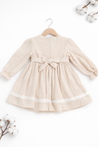 Rochita bebe fetite eleganta bej cu dantela maneca lunga din muselina - Img 3