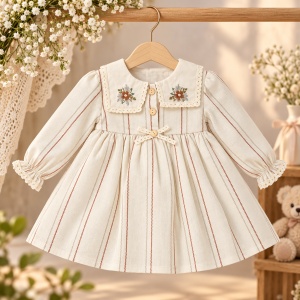 Rochita fetita din in cu broderie florala, dantela si dungi caramizii - Img 2