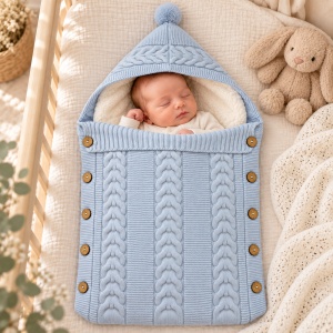 Sac de dormit bebe tricotat bleu cu gluga, captuseala pufoasa si nasturi laterali