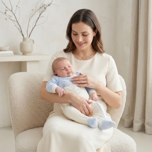 Salopeta bebe baiat din bumbac cu botosei integrati, bleu si crem, model elefant - Img 2