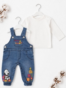 Salopeta bebe denim cu bluza bumbac set 2 piese cu imprimeu colorat casual, fotografie de produs pe fundal alb