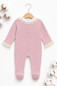 Salopeta bebe fetita 100% bumbac cu bentita, roz pudrat, dantela eleganta - Img 3