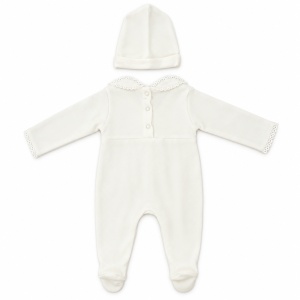 Salopeta bebe fetita din bumbac cu botosei, caciulita si guler brodat floral, crem - Img 4
