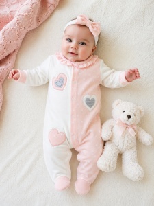 Salopeta bebe fetita roz alb cu bentita si inimioare din bumbac premium
