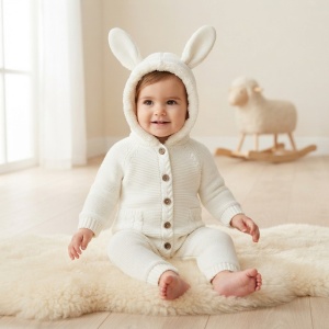 Salopeta bebe tricotata groasa ivory, imblanita cu gluga si urechiuse
