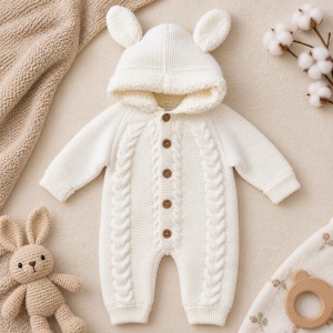 Salopeta bebe tricotata ivory imblanita cu gluga si urechiuse, prezentare in decor