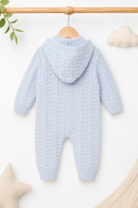 Salopeta tricotata bleu cu gluga pentru bebelusi din acril premium model impletit - Img 4