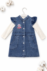Sarafan denim bebe fetita cu bluza alba si broderie florala - Img 2