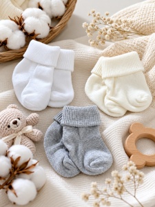 Set 3 perechi sosete bebe gri, alb si ivoire cu manseta moale pentru nou nascut