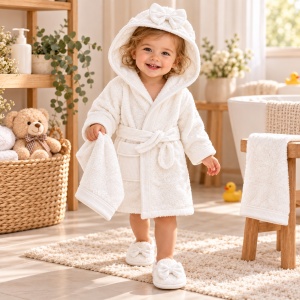 Set baie bebe 4 piese din bumbac, halat cu gluga, prosop, manusa si papuci, fundite, alb