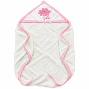 Set baie bebe fetita 4 piese din bumbac, halat cu gluga, prosop, manusa si papuci, flori, alb-roz - Img 4