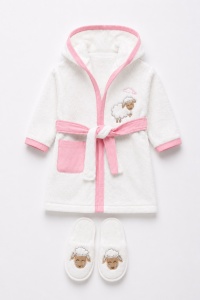 Set baie copii 4 piese alb roz cu oita, halat, prosop si papuci, 100% bumbac - Img 4