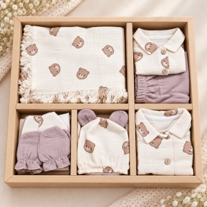 Set bebe 10 piese din muselina, imprimeu ursuleti, crem si maro - Img 2
