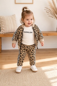 Set bebe 3 piese animal print din bumbac cu bluza, jacheta si pantaloni pentru fetite