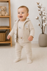 Set bebe 3 piese bej din bumbac cu hanorac bluza si pantaloni pentru bebelusi