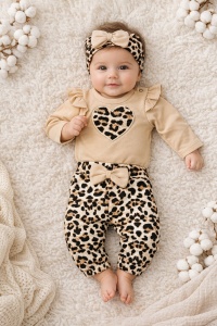 Set bebe 3 piese body pantaloni bentita leopard bej inimioara bumbac fete