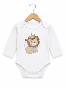Set bebe 3 piese bumbac alb cu leu, body pantaloni hanorac nou nascut premium, fotografie de produs pe fundal alb