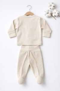Set bebe 3 piese catelus bluza pantaloni si caciulita crem confortabil - Img 6