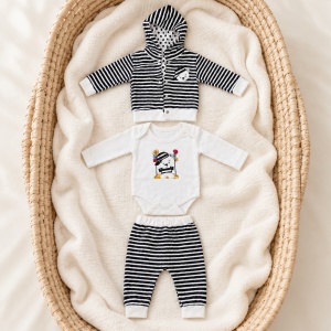 Set bebe 3 piese din bumbac alb-negru cu hanorac cu gluga, body si pantaloni