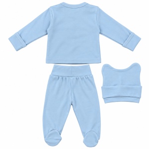 Set bebe 3 piese din bumbac cu bluza, pantaloni cu botosei si caciulita bleu - Img 3