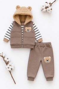 Set bebe 3 piese maro din bumbac cu bluza, vesta cu gluga si pantaloni pentru bebelusi - Img 5