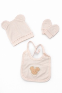 Set bebe 5 piese roz banan I Love Mom bluza pantaloni caciula baveta manusi - Img 4