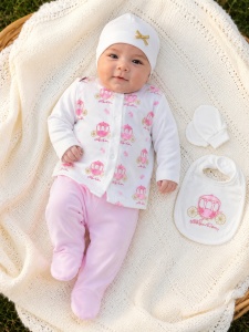 Set bebe 5 piese roz din bumbac cu trasura printesa pentru fetite nou-nascute - Img 1