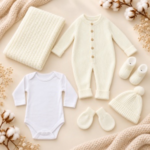 Set bebe 6 piese lana naturala ivory, salopeta, body, paturica, caciula, manusi si botosei