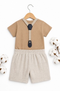 Set bebe baiat 2 piese cu bretele – tricou imprimeu urs si pantaloni scurti eleganti - Img 3