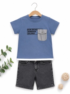 Set bebe baiat 2 piese tricou albastru cu imprimeu si pantaloni scurti denim negri - Img 2