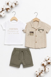Set bebe baiat 3 piese camasa bej texturata tricou si pantaloni scurti verzi vara - Img 2