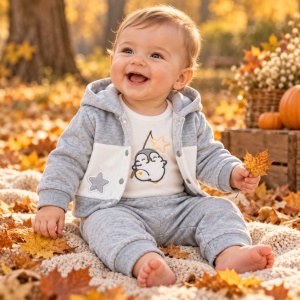 Set bebe baiat 3 piese, catifea gri, body bumbac cu pinguin, hanorac si pantaloni