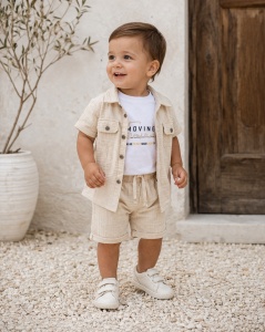 Set bebe baiat 3 piese din muselina camasa tricou si pantaloni scurti casual