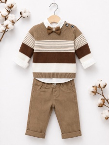 Set bebe baiat 3 piese elegant camasa papion pulover si pantaloni casual - Img 3