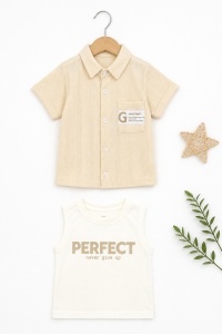 Set bebe baiat 3 piese tricou maiou camasa crem si pantaloni scurti denim vara, fotografie de produs pe fundal alb