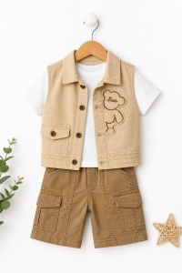 Set bebe baiat 3 piese tricou vesta blug si pantaloni scurti denim casual, fotografie de produs pe fundal alb