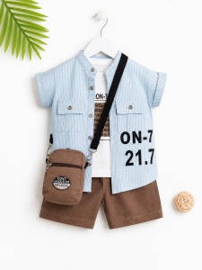 Set bebe baiat 4 piese tricou camasa pantaloni scurti si geanta casual vara - Img 2