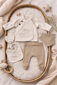Set bebe baieti 5 piese bej palmieri bluza pantaloni baveta