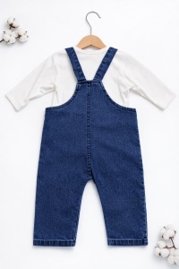 Set bebe baieti salopeta denim cu ursulet si bluza alba cu maneca lunga - Img 4