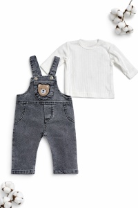 Set bebe baieti salopeta denim gri cu ursulet si bluza cu maneca lunga haine bebe - Img 2