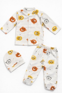 Set bebe bumbac 3 piese cu imprimeu animalute bluza pantaloni si caciulita nou nascut - Img 2