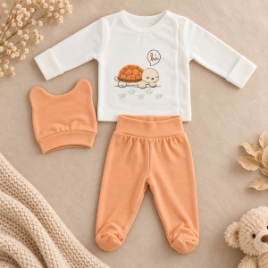 Set bebe din bumbac 3 piese cu broscuta testoasa, pantaloni cu botosei si caciulita portocalie - Img 2